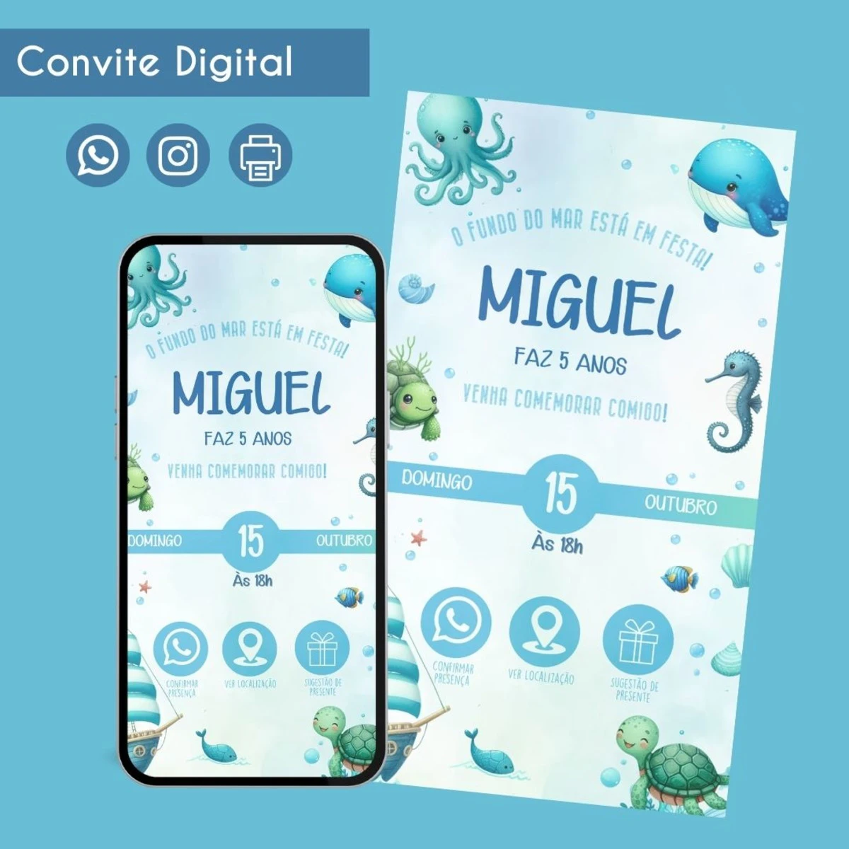 Convite Digital Fundo do Mar Botões Interativo Festa Infantil 1 Convite digital temático de fundo do mar com ilustrações de animais marinhos e detalhes de festa.