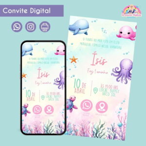 Convite Digital Fundo do Mar Fofinho Menina Festa Infantil