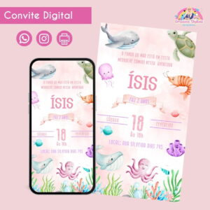Convite Digital Fundo do Mar Menina 2 Personalizado Festa