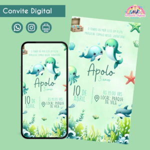 Convite Digital Fundo do Mar Verde Personalizado Aniversário