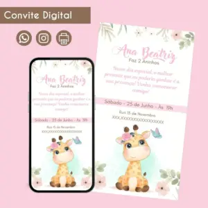 Convite digital de aniversário infantil com ilustração de girafa fofa em tema floral.