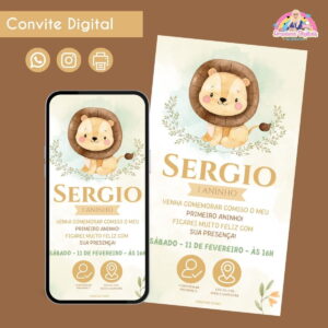Convite Digital Leãozinho Verde com Marrom Festa Infantil 8 Convite Digital Leãozinho Verde com Marrom Festa Infantil