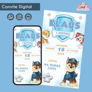 Convite Digital Patrulha Canina Azul Festa Infantil