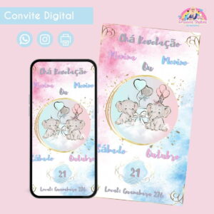 Convite Digital Revelação Elefantinhos Personalizado Festa
