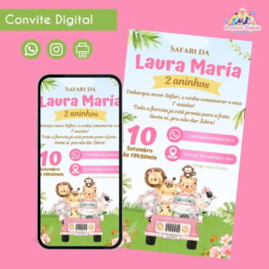 Convite Digital Safari Menina 1 Personalizado Aniversário 3 Convite Digital Safari Menina 1 Personalizado Aniversário