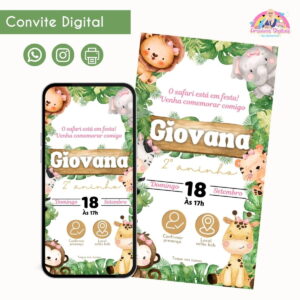 Convite Digital Safari Menina Personalizado Aniversário