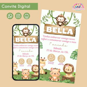 Convite Digital Safari Menina Verde Personalizado Festa 21 Convite Digital Safari Menina Verde Personalizado Festa