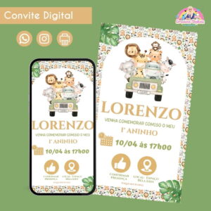 Convite Digital Safari Menino 1 Personalizado Aniversário