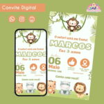 Convite digital de aniversário tema safari com macaco, leão, tigre e hipopótamo.