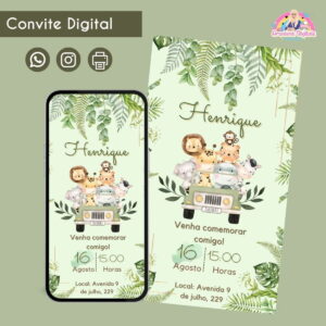 Convite Digital Safari Menino Personalizado Aniversário