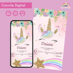 Convite Digital Unicórnio Chifre 1 Personalizado Aniversário