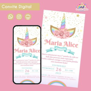 Convite Digital Unicórnio Chifre 3 Personalizado Aniversário 15 Convite Digital Unicórnio Chifre 3 Personalizado Aniversário