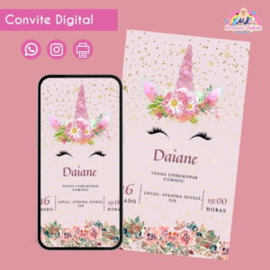 Convite Digital Unicórnio Chifre Personalizado Aniversário