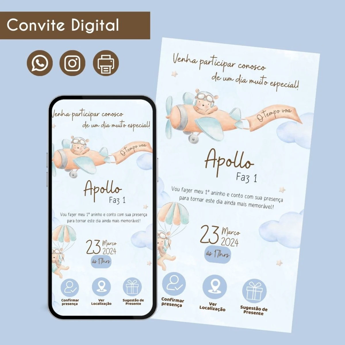 Convite Digital Urso Aquarela 1 Festa Infantil 1 Convite digital ilustrado com urso piloto e avião, em formato de tela e cartão.