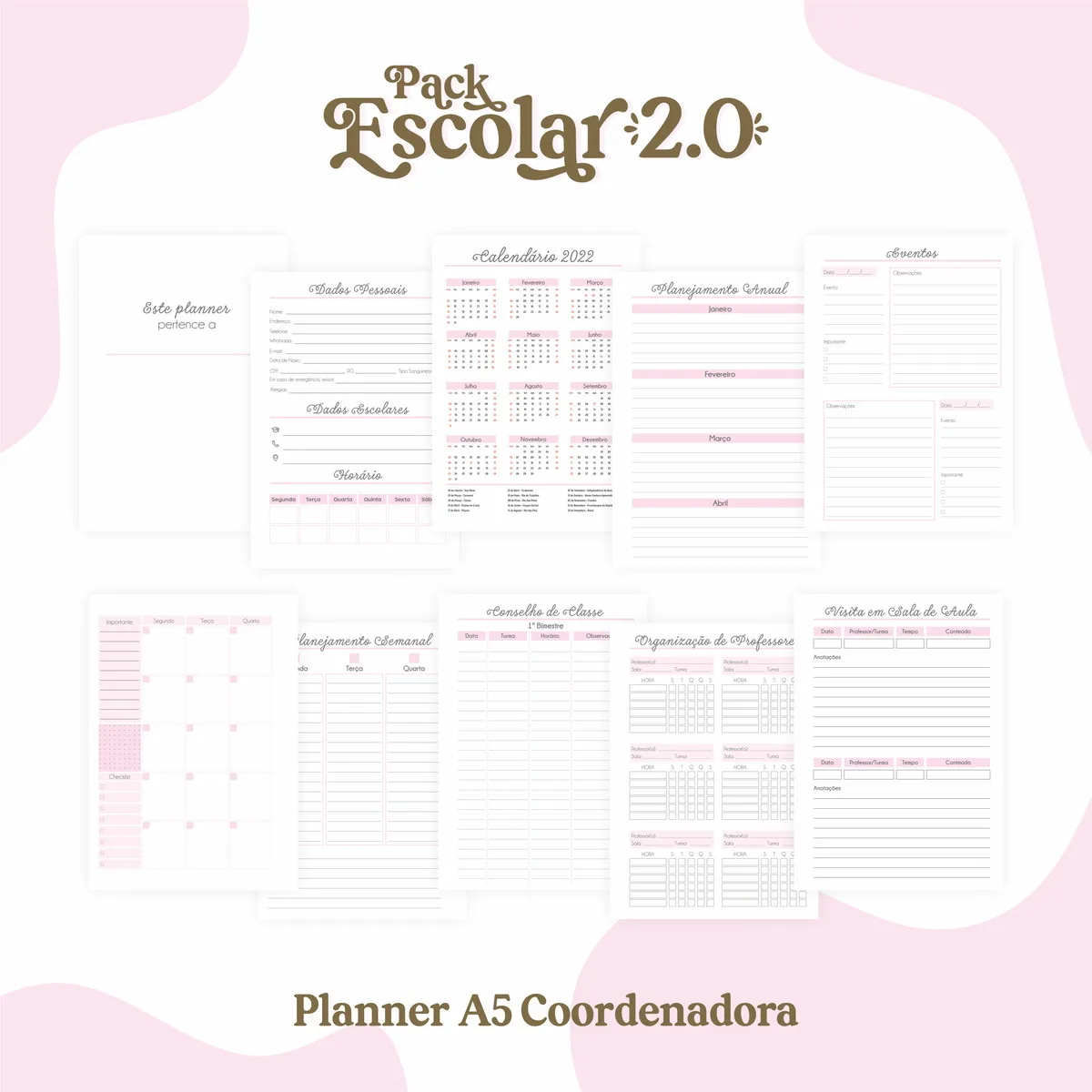 Apresentação de várias páginas de planner escolar com textos em português e detalhes rosa.
