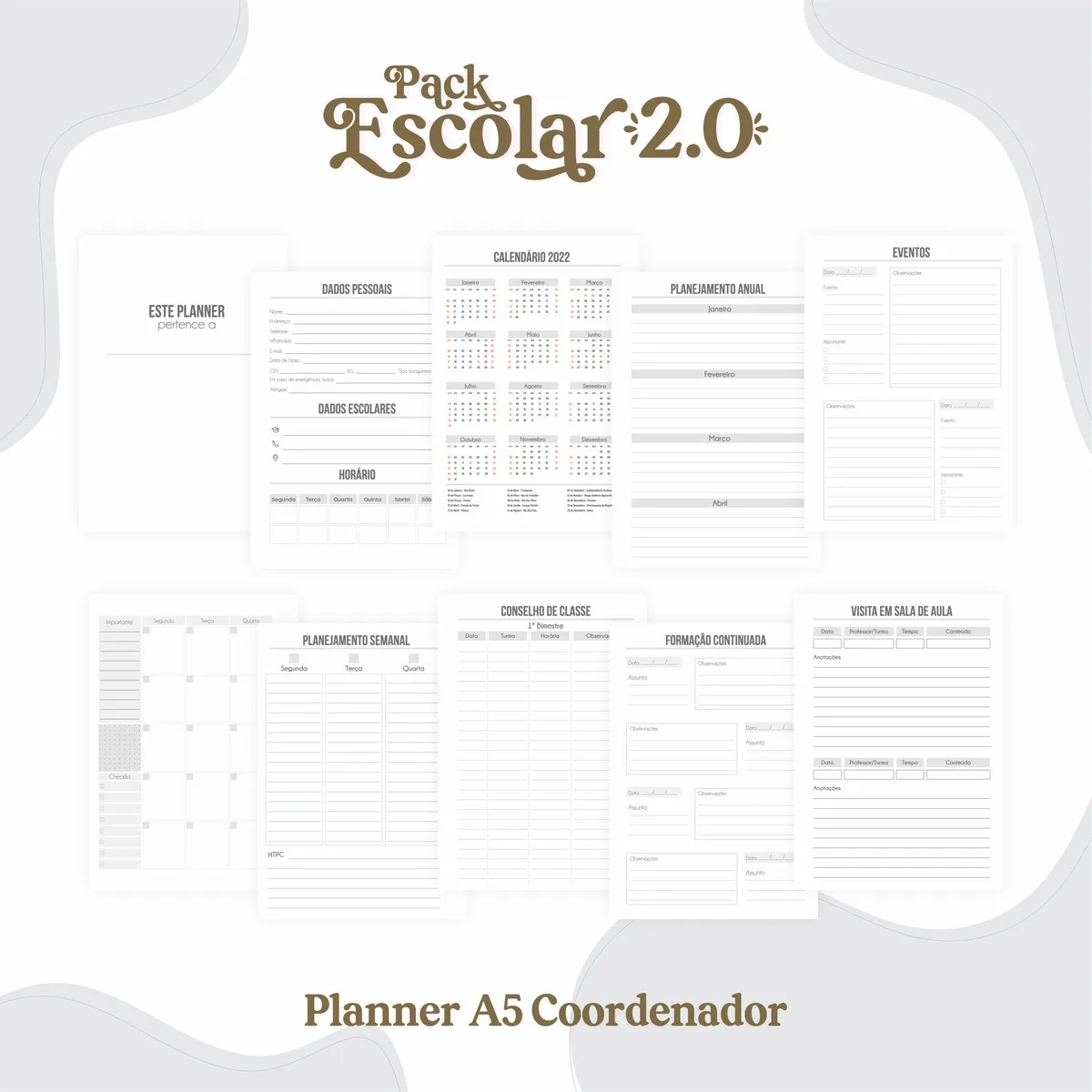 Apresentação de várias páginas de um planejador escolar e coordenador em formato digital.