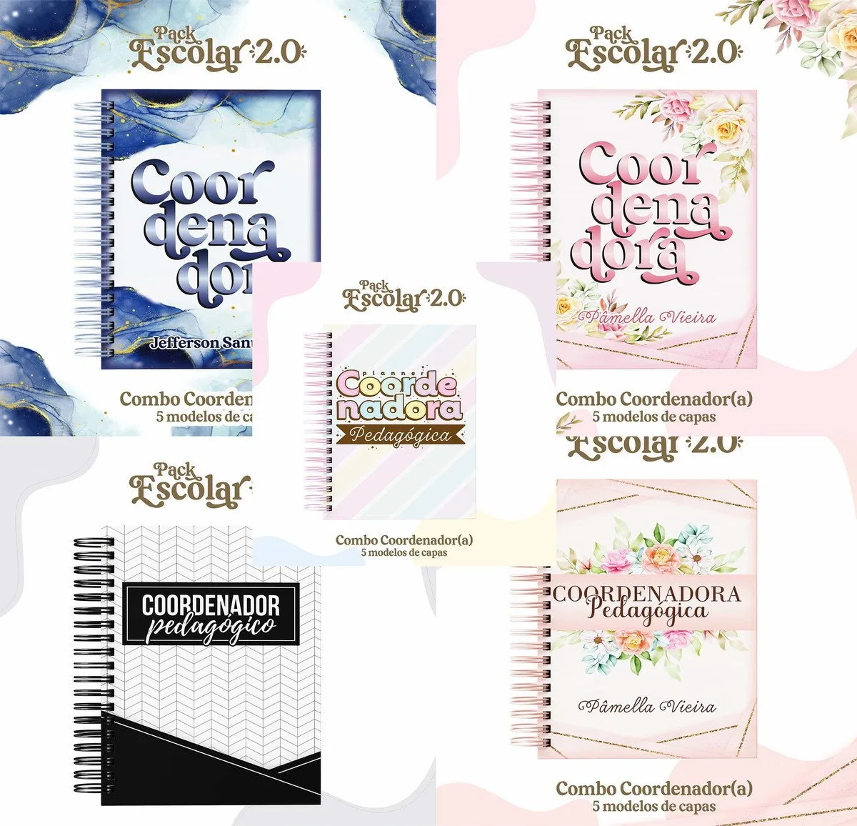 Apresentação de cadernos espiralados personalizados com diferentes capas temáticas educativas.