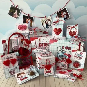 Coleção de presentes românticos decorados com temas de amor e corações vermelhos.