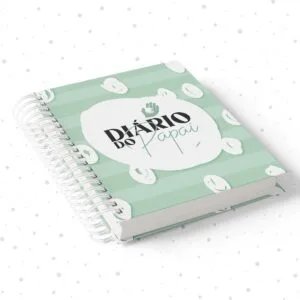 Caderno espiral verde claro com texto preto e fundo estampado em pontos cinzas.