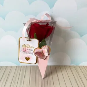 Embalagem cônica transparente contendo rosa vermelha decorada com laço rosa e etiqueta temática.
