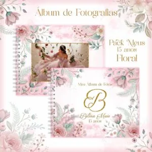 Arte digital de álbum de fotografias com tema floral e tons rosados.