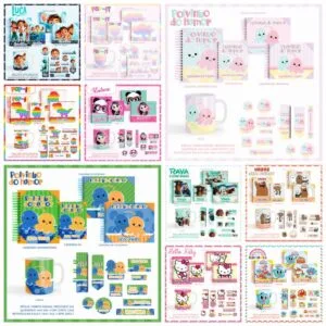 Coleção de artes digitais com temas variados para papelaria e brindes personalizados.
