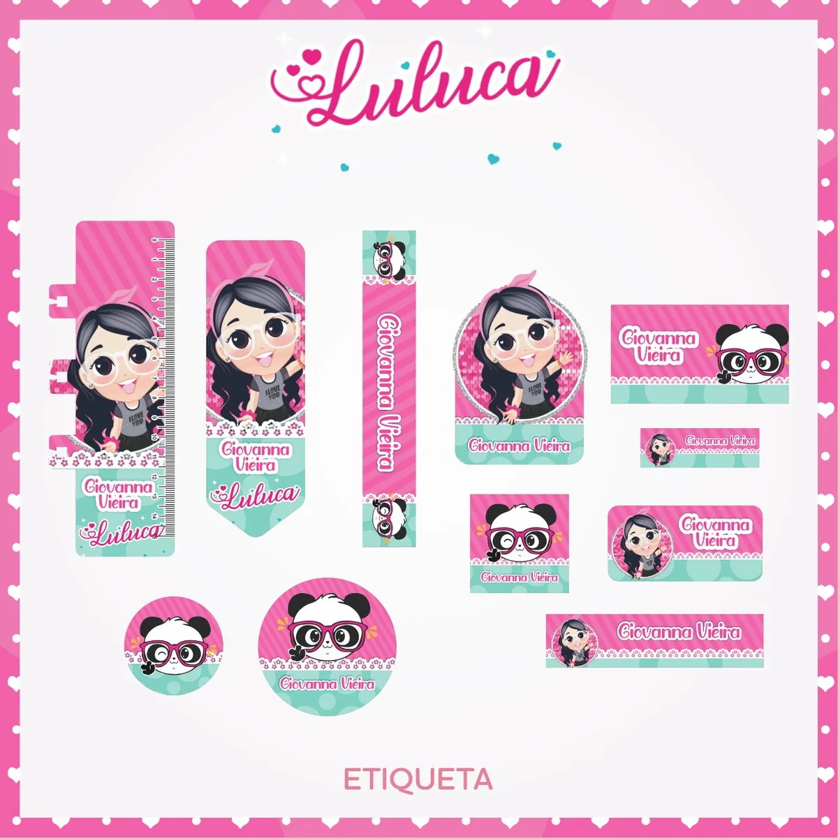 Conjunto de adesivos personalizados com temas de menina e panda em fundo rosa e verde.