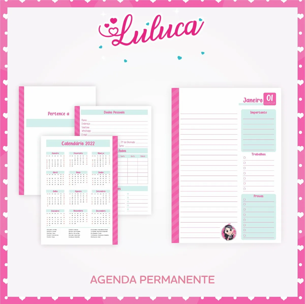 Arte digital de agenda permanente com folhas decoradas em tons de rosa e azul
