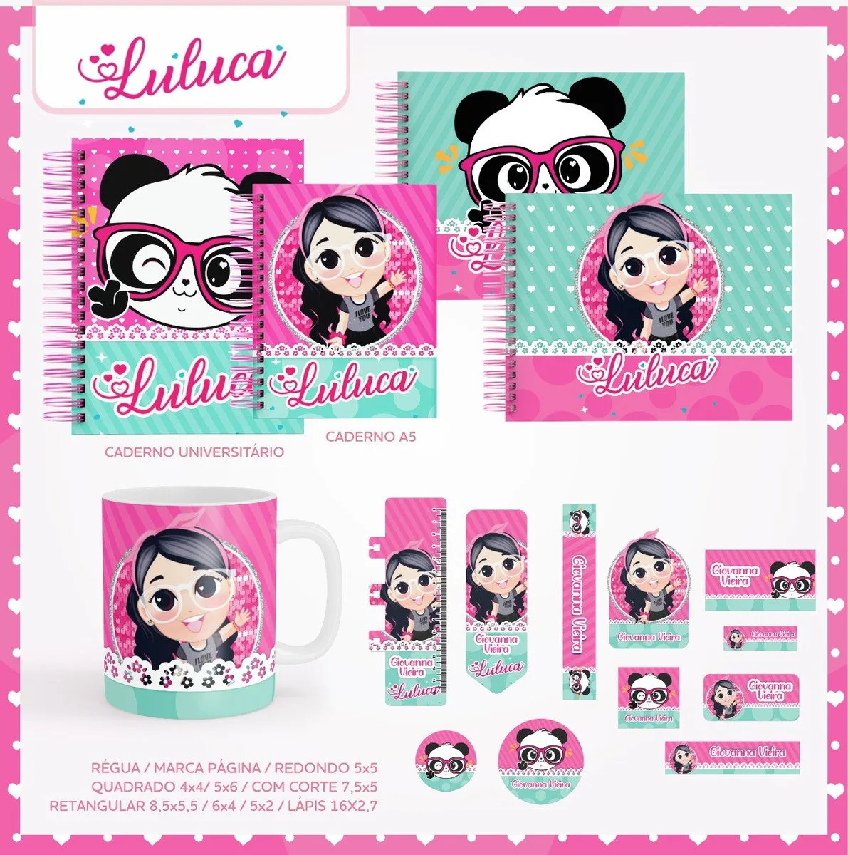 Conjunto de papelaria temática com cadernos, caneca e adesivos com ilustrações.