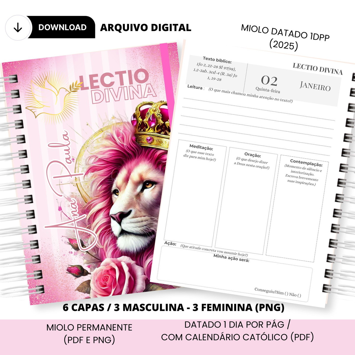 Encadernação Lectio Divina Religiosa - Arquivo Digital 2 Miolo digital Lectio Divina 2025, leão rosa, capas femininas e masculinas.