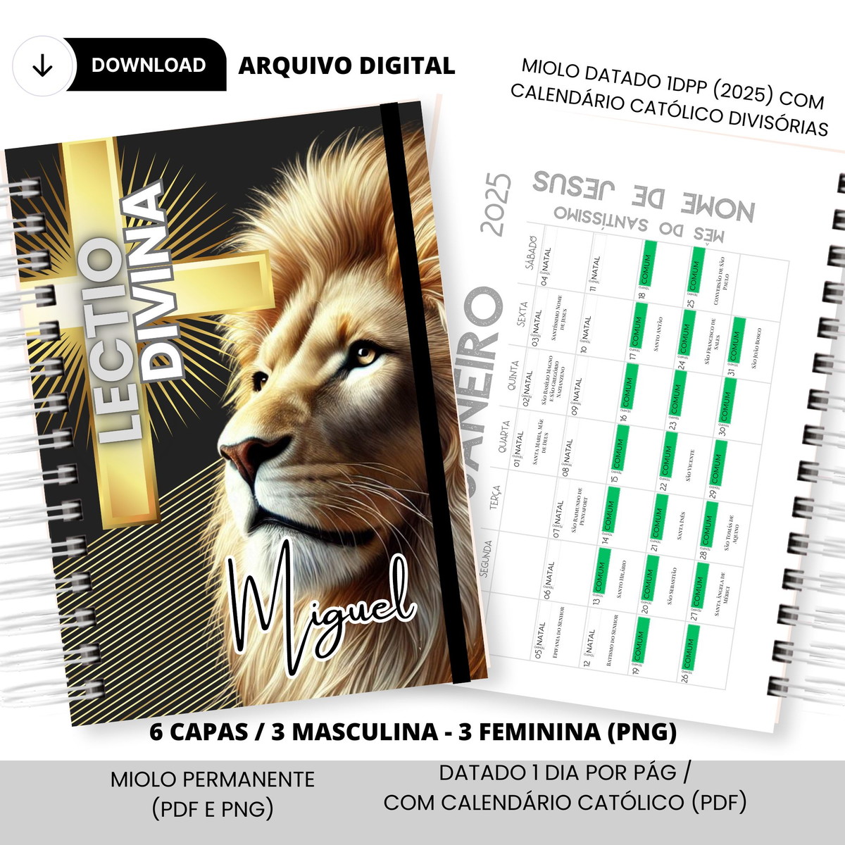 Encadernação Lectio Divina Religiosa - Arquivo Digital 3 Miolo de planner digital 2025 com capa de leão, cruz e calendário católico.