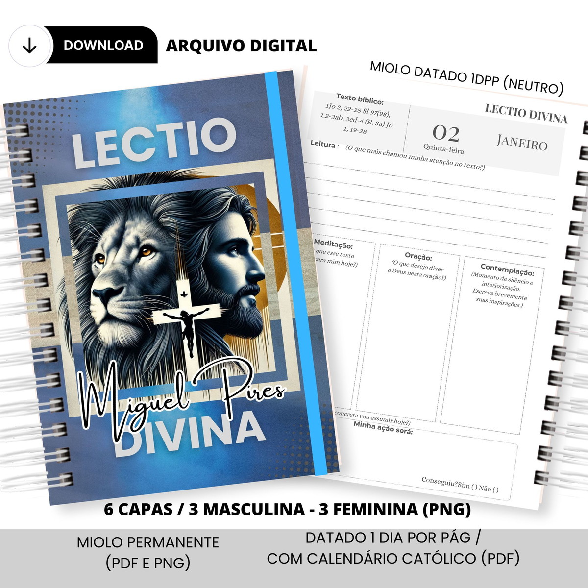 Encadernação Lectio Divina Religiosa - Arquivo Digital 4 Planner digital Lectio Divina com capa de leão, Jesus e cruz, miolo datado católico.