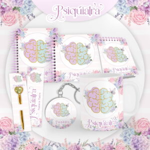 Encadernação Psiquiatra Feminino 2024 - Arquivo Digital 6 Arte digital kit papelaria psiquiatra com cérebro floral borboleta rosa azul.