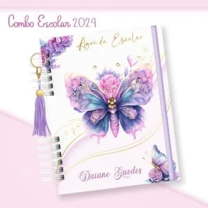 Escolar Borboletas 16 Agenda escolar espiralada com estampa de borboleta floral em tons de lilás e azul.