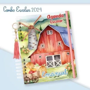 Agenda escolar com estampa de moinho, celeiro, fardos de feno e um chaveiro.