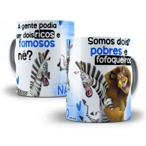 Arte digital com zebra, leão e frases em azul.