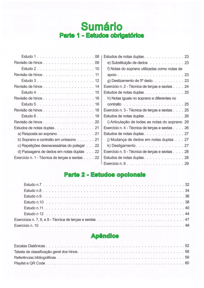 Estudos para Órgão Eletrônico Aplicados ao Hinário Vol 4 PDF 2 Pagina de sumario com lista de estudos obrigatorios e opcionais