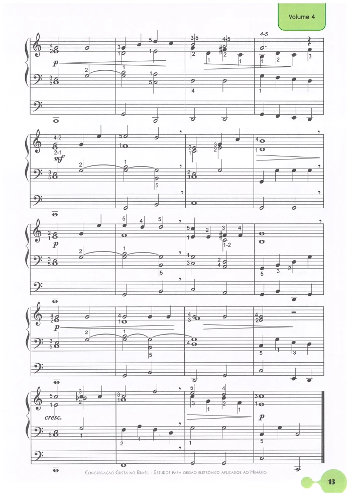 Estudos para Órgão Eletrônico Aplicados ao Hinário Vol 4 PDF 3 Folha de partitura musical contendo pautas, notas e números indicativos de dedos.