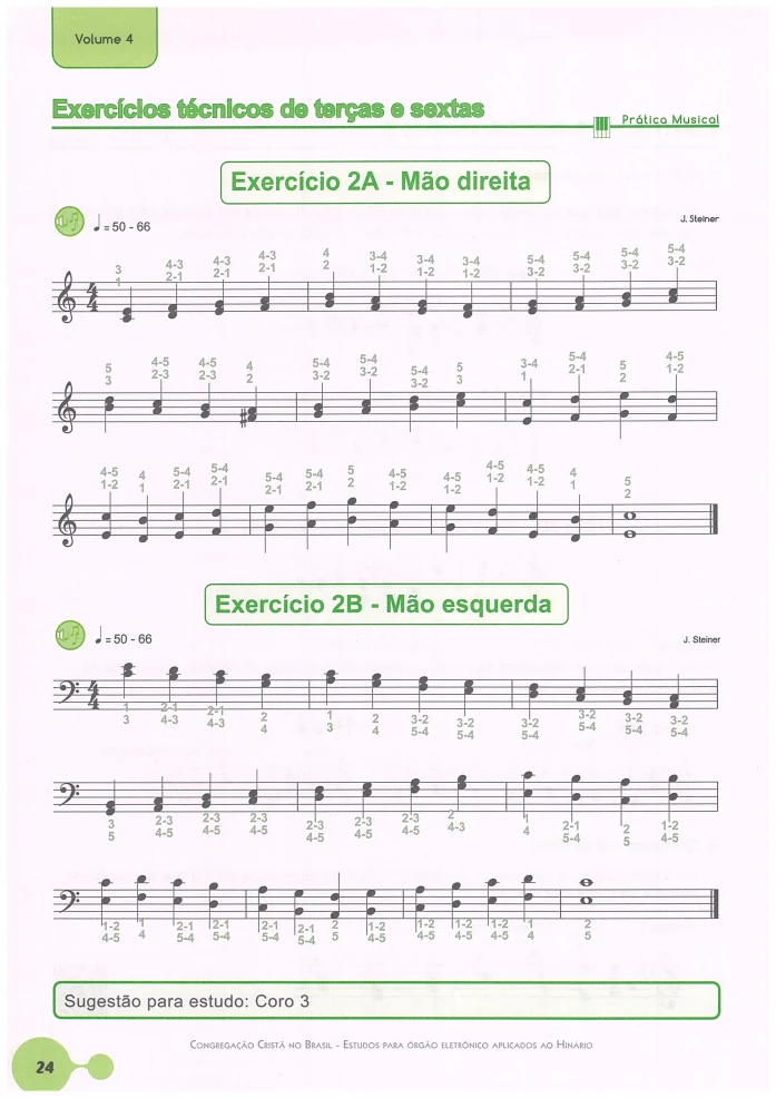 Estudos para Órgão Eletrônico Aplicados ao Hinário Vol 4 PDF 5 Pagina de partitura com exercicios tecnicos de tercas e sextas para mao direita e esquerda