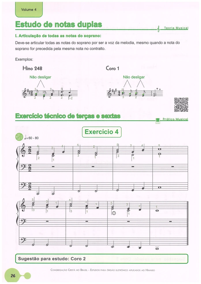 Estudos para Órgão Eletrônico Aplicados ao Hinário Vol 4 PDF 6 Pagina de livro mostrando exercicios de notas duplas e partituras musicais impressas