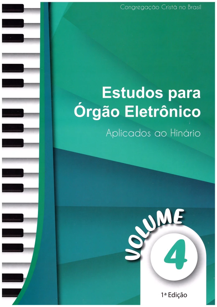 Estudos para Órgão Eletrônico Aplicados ao Hinário Vol 4 PDF 1 Capa verde de livro com teclas de piano na lateral esquerda.