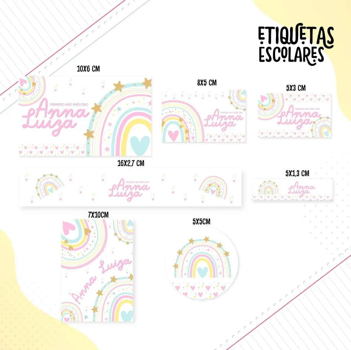 Diversas etiquetas escolares personalizadas com desenhos de arco-íris, corações e estrelas coloridas.