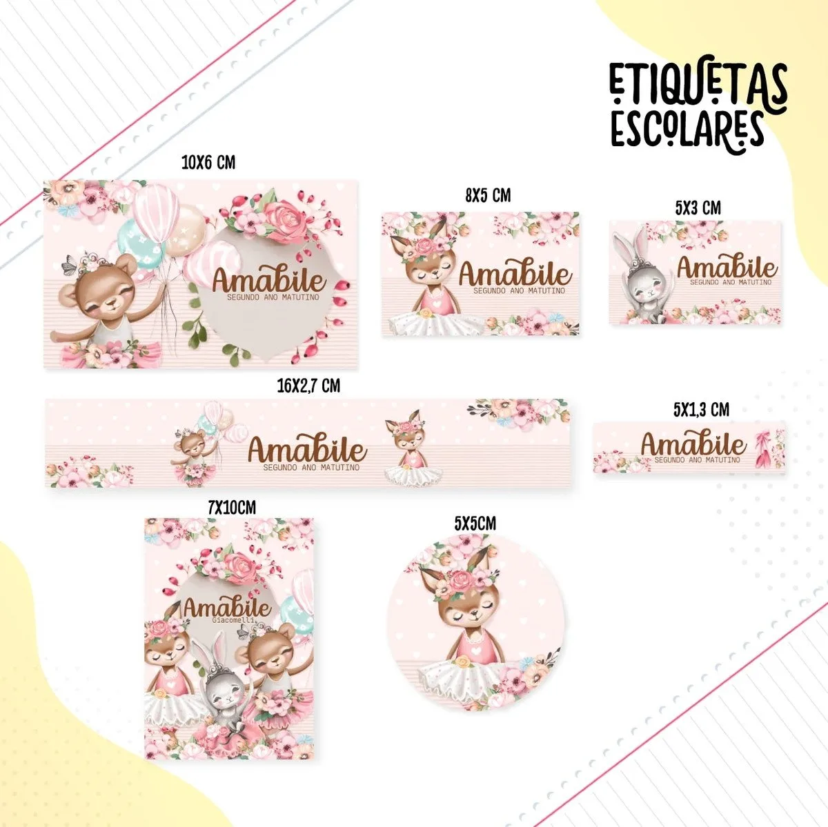 Etiqueta Escolar Ballet Animais 1 Conjunto de etiquetas escolares personalizadas com desenhos de animais e motivos florais delicados.