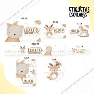 Conjunto de etiquetas escolares personalizadas com desenhos de animais em tons pastéis suaves.