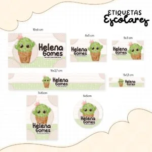 Conjunto de etiquetas escolares personalizadas com desenho de um cacto em fundo quadriculado.
