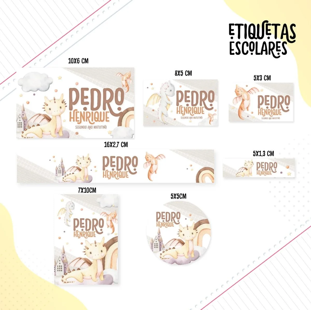 Coleção de etiquetas escolares personalizadas com ilustrações de dragão, castelo e arco-íris.