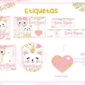 Etiqueta Escolar Gatinha 35 Apresentação de etiquetas escolares personalizadas com tema de gatinha rosa e dourado.
