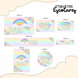 Conjunto de etiquetas escolares personalizadas com estampas de arco-íris e brinquedo pop it.
