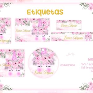 etiqueta escolar unicornio floral arquivo digital volta aulas