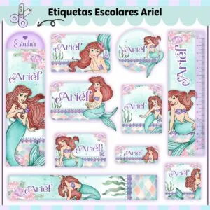Etiquetas Escolares Ariel - Arquivo Digital 25 Conjunto de etiquetas digitais escolares com ilustrações de sereias e fundo aquático.
